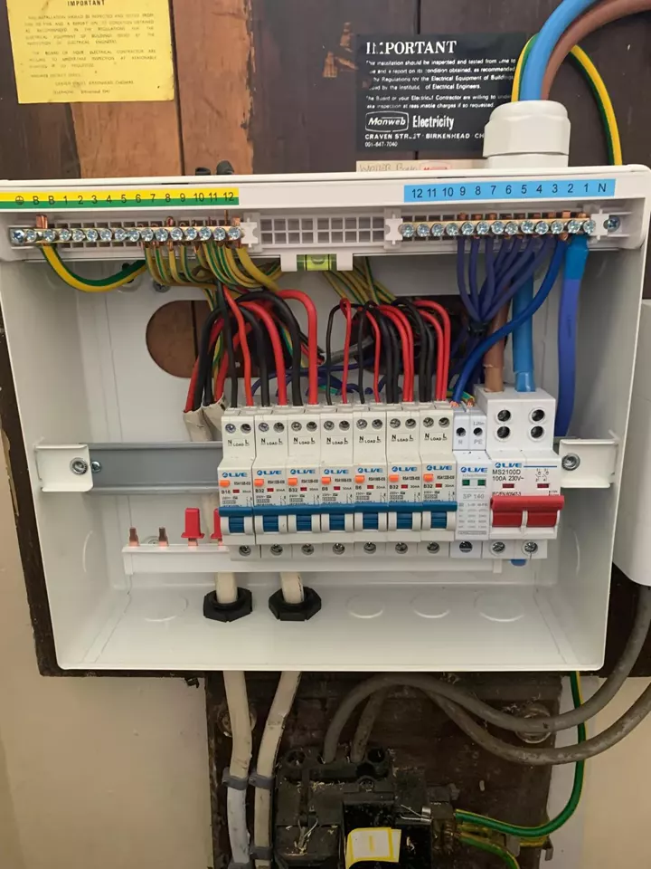 A new consumer unit installed by Royal Electrical Services, cover off, with neatly dressed wiring