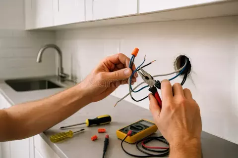 Hands wiring a socket in a kitchen with a multimeter nearby